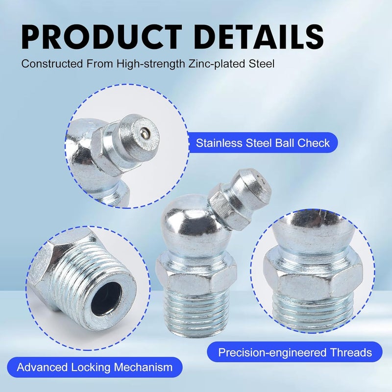 TAVONUXT 320 PCS SAE & Metric Grease Fittings Kit - Hydraulic Zerk Assortment 1/4" 1/8" M6 M8 M10 with Straight, 45°, and 90° Degree Heads for Automotive and Industrial Use, Galvanized Steel Set - Image 4